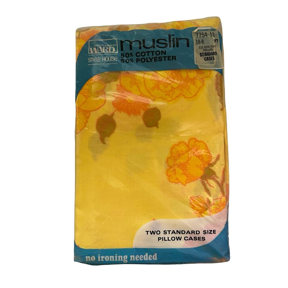 Vintage 1970s Montgomery Ward Yellow Flower Muslin Standard Pillowcases (2)
